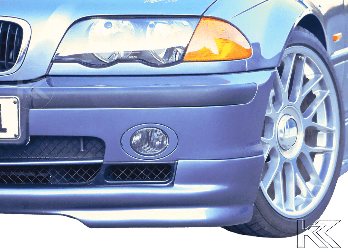 K2 Industries Rieger BMW E46 Pre Facelift Sedan/Wagon Front Lip V2, sporty car front lip accessory, close-up view