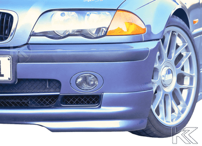 K2 Industries Rieger BMW E46 Pre Facelift Sedan/Wagon Front Lip V2, sporty car front lip accessory, close-up view