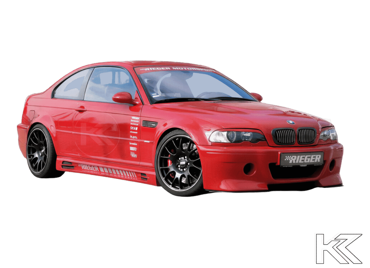 K2 Industries BMW E46 front splitter for CS-look bumper, enhances aerodynamics and sporty appearance with sleek design.