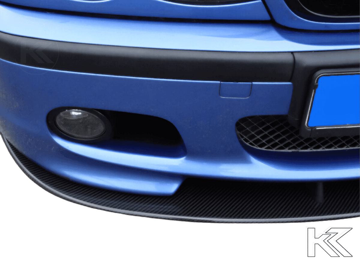 Carbon fiber front lip for BMW E46/Z4 M-Technic, designed by K2 Industries, showcasing a sleek, aerodynamic upgrade.