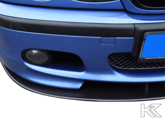 Carbon fiber front lip for BMW E46/Z4 M-Technic, designed by K2 Industries, showcasing a sleek, aerodynamic upgrade.