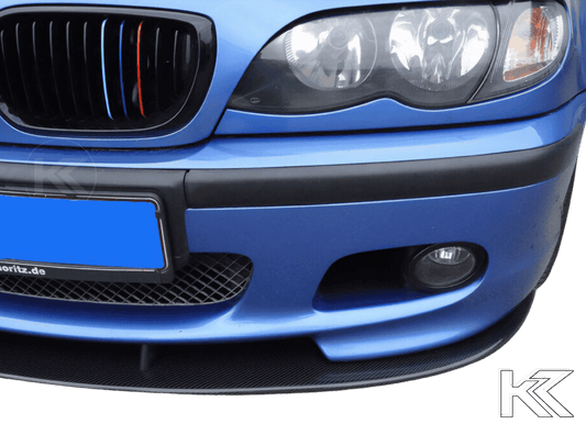 Carbon fiber front lip for BMW E46/Z4 M-Technic by K2 Industries, showcasing sleek, aerodynamic design and high-quality material.