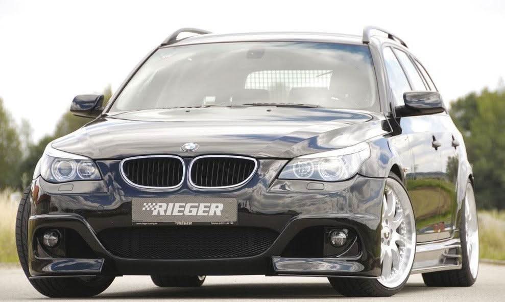 K2 Industries BMW E60 Facelift Sedan/Wagon front bumper with parking sensors, compatible with Rieger design, for BMW E60 models.