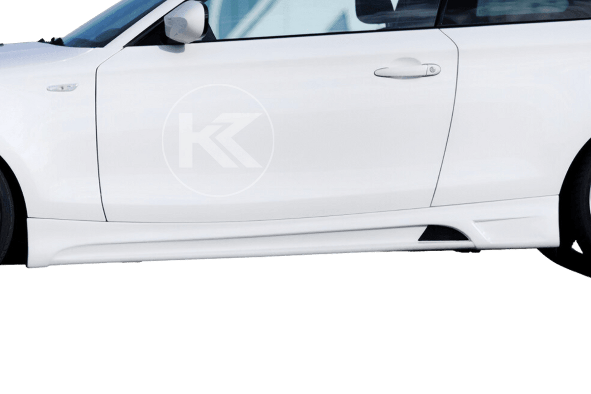 K2 Industries Rieger BMW E81-88 side skirts V1 installed on vehicle, showcasing sleek, aerodynamic design for BMW E81-88 models.