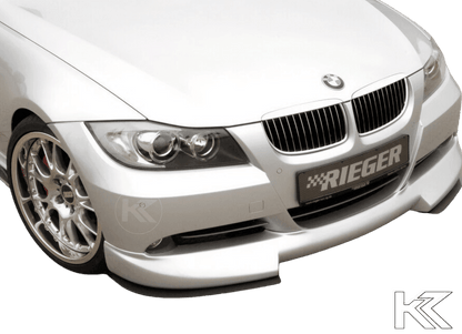 K2 Industries BMW E90/E91 front splitter designed for Rieger front lip, enhances sporty look and aerodynamics for BMW models.