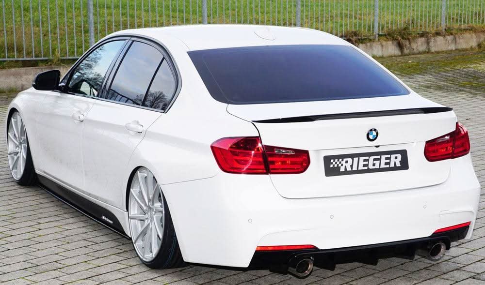 K2 Industries BMW F30/31 M Technic rear side skirt insert, close-up view showing textured black finish and precise fitment.