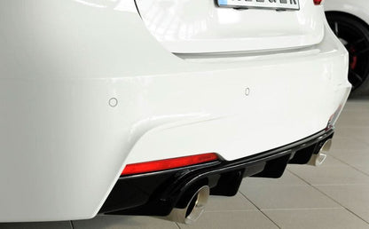 BMW F30/31 M Technic side skirts rear insert by K2 Industries, close-up view showing sleek design and fitment details.