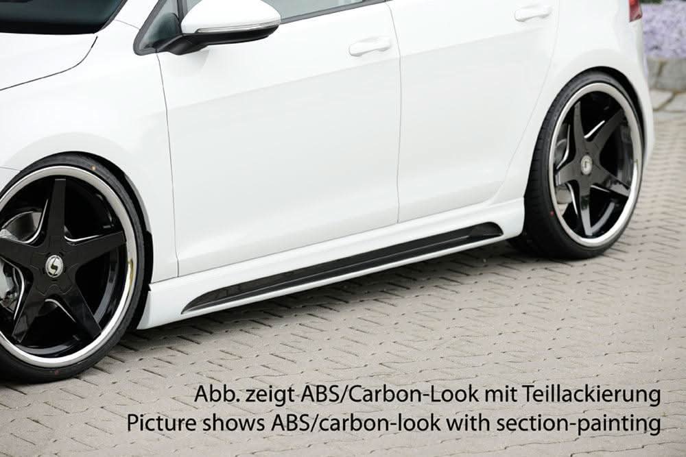 K2 Industries Rieger VW Golf 7 Side Skirts V2 installed on a white Golf 7, showcasing sleek, aerodynamic side skirt design.