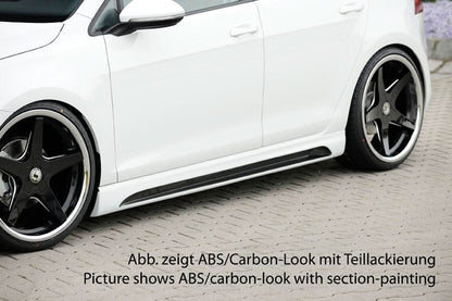K2 Industries Rieger VW Golf 7 Side Skirts V2 installed on a white Golf 7, showcasing sleek, aerodynamic side skirt design.
