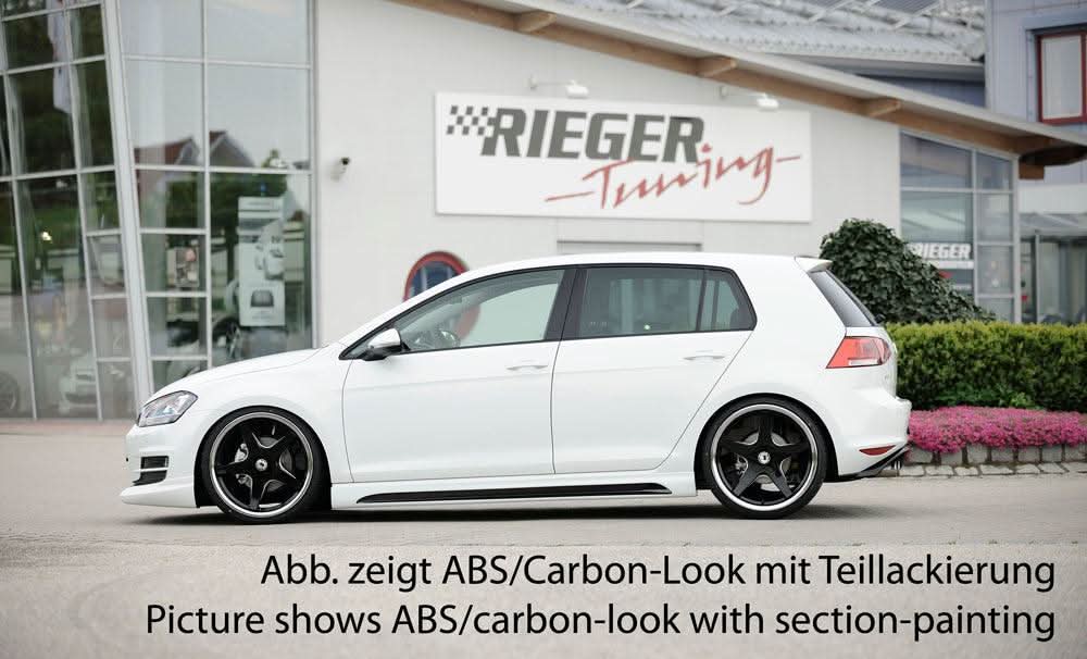 K2 Industries Rieger VW Golf 7 Side Skirts V2 installed on car, showcasing sleek aerodynamic design and fitment details.