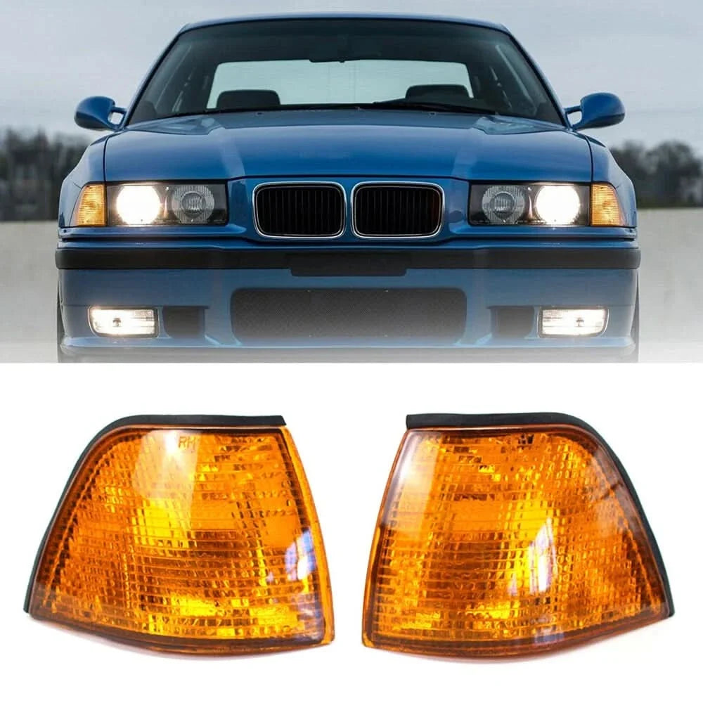 BMW E36 sedan and compact amber corner lights by K2 Industries, showing the clear amber lens and mounting details.