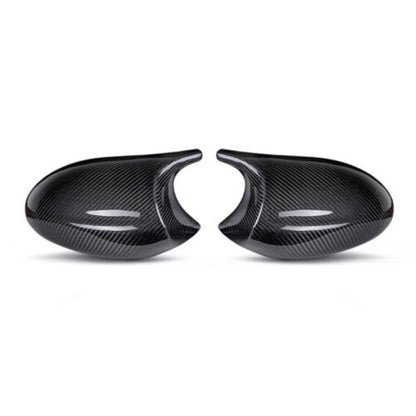 Carbon fiber M style mirror caps for BMW E92/E93 328i, 335i, 335is, featuring sleek black finish and aerodynamic design.