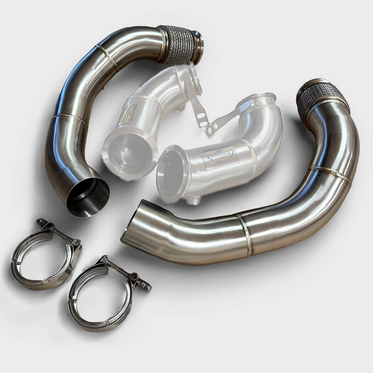 Palenon Performance S63 F90 Downpipe for BMW F90 M5, F91, F92, F93 M8, showing the stainless steel exhaust component.