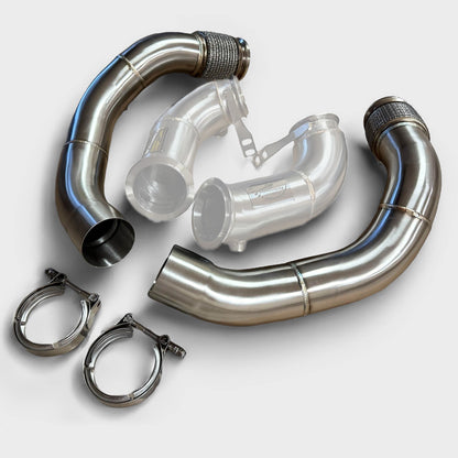Palenon Performance S63 F90 Downpipe for BMW F90 M5, F91, F92, F93 M8, showing the stainless steel exhaust component.