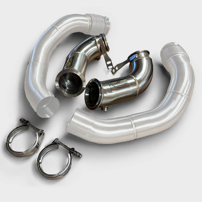 BMW F90 M5 racing downpipe by Palenon Performance showing S63 engine exhaust pipe with polished metal finish.