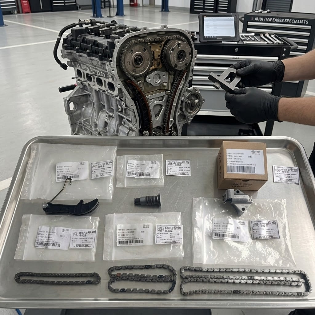 Genuine OEM 2.0L EA888 timing chain and tensioners replacement kit for engines 2008-2025, by Guangzhou Strategy Auto Parts.