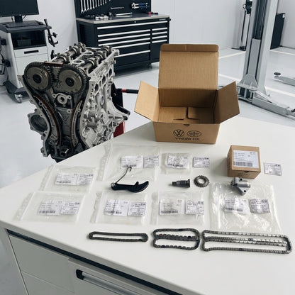 Genuine OEM 2.0L EA888 complete timing chain and tensioner replacement kit for engines from 2008-2025, by Guangzhou Strategy Auto Parts.