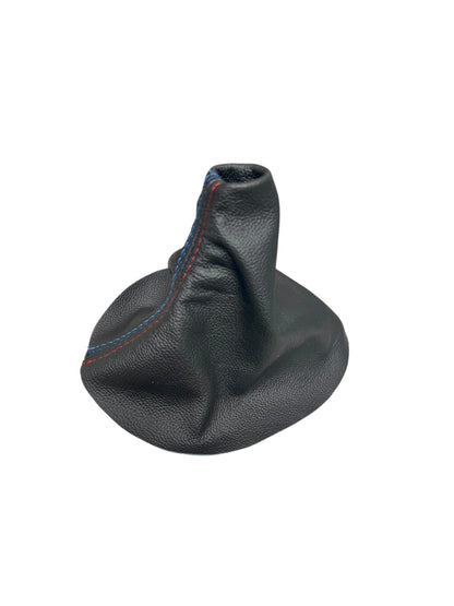 Genuine real leather shift boot cover for BMW E46 E36 M models, crafted by JTS Custom Upholstery, showcasing detailed stitching.