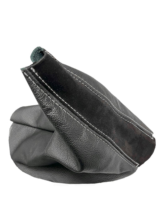 White stitch genuine leather and suede shift boot cover for BMW E46 E36 3 Series, crafted by JTS Custom Upholstery.