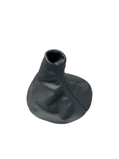 BMW E46 E36 M shift boot cover in real stitched leather, compatible with 1991-2005 models, by JTS Custom Upholstery.