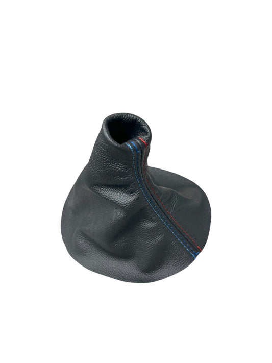 BMW E46 E36 M shift boot cover in real stitched leather, compatible with 1991-2005 models, by JTS Custom Upholstery.