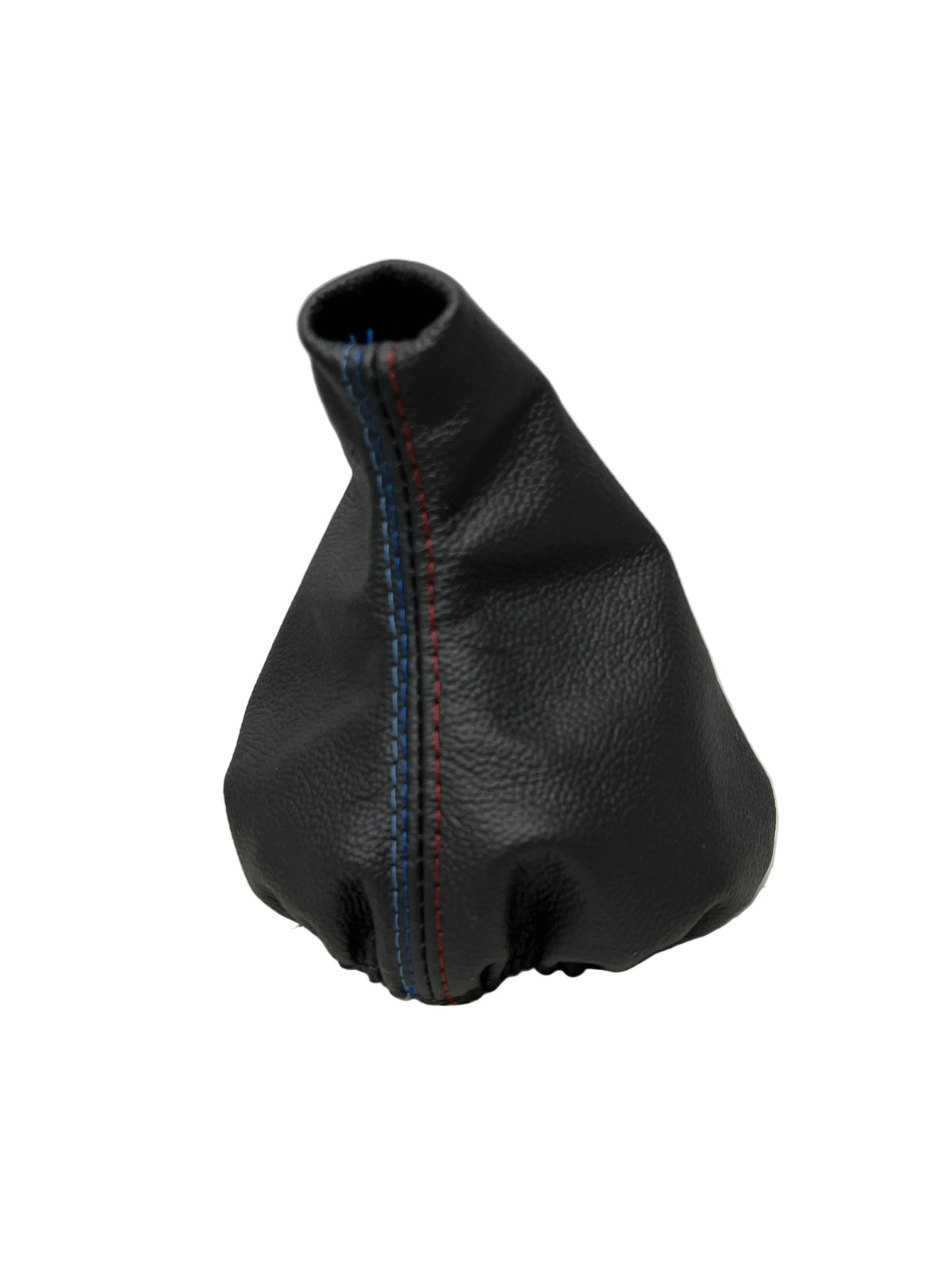 Leather console shift and parking brake boot cover for BMW E46, custom upholstered with M stitching by JTS.