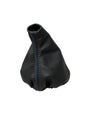 Leather console shift and parking brake boot cover for BMW E46, custom upholstered with M stitching by JTS.