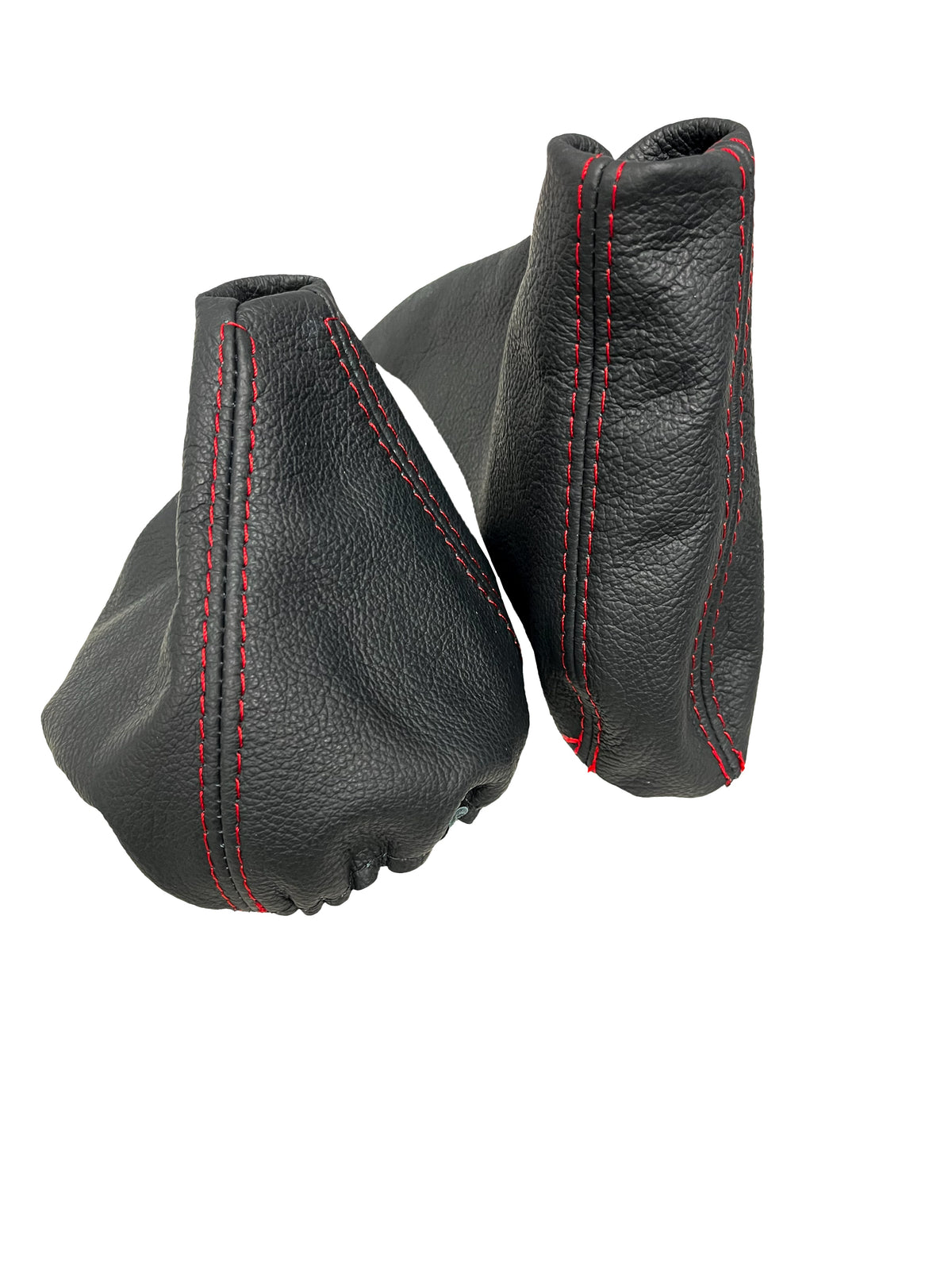 Black genuine leather shift and handbrake boot cover for BMW E91, E92, E93 from JTS Custom Upholstery, featuring red accents in the image.