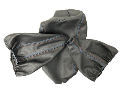 Leather BMW E46 shift and handbrake console boot cover with M stitch design, custom upholstery fits 1991-2005 models.