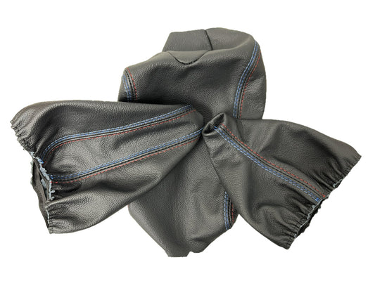 Leather BMW E46 shift and handbrake console boot cover with M stitch design, custom upholstery fits 1991-2005 models.