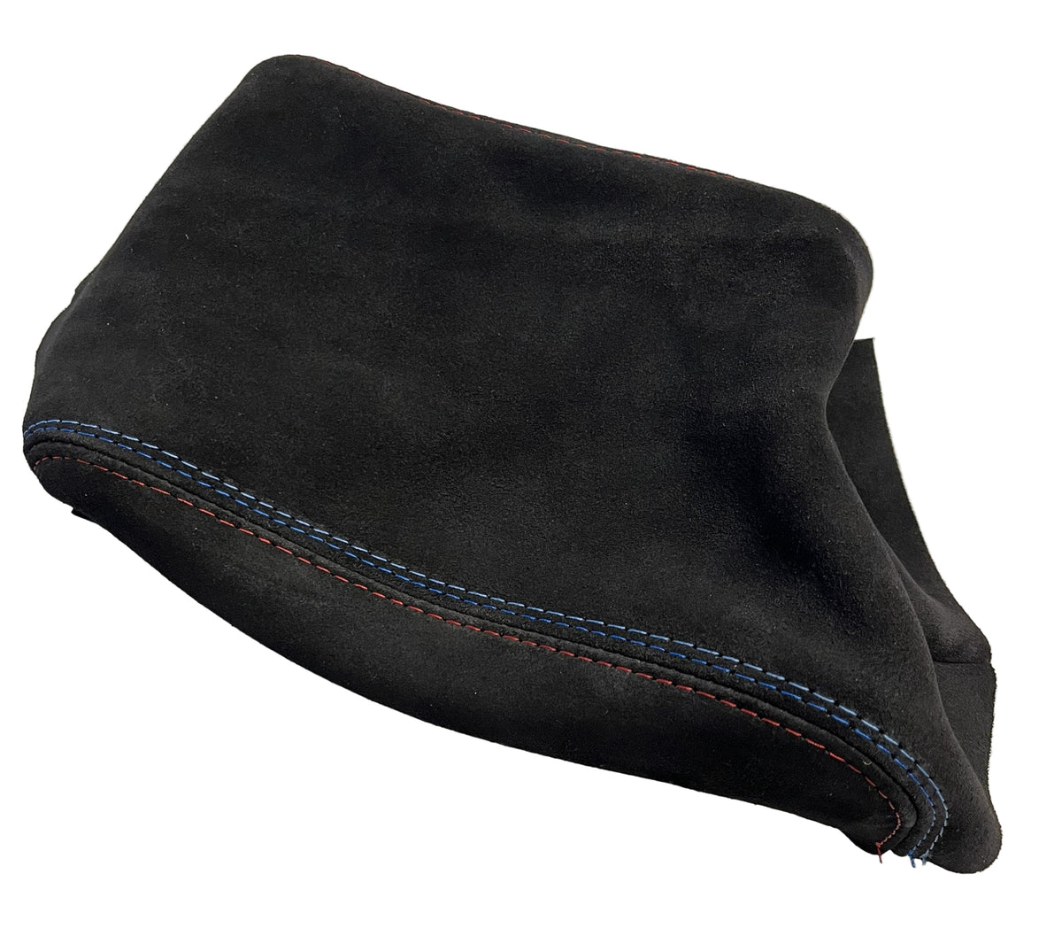 Genuine suede BMW E36 parking brake shift boot and console cover with M stitch, custom upholstery for 1991-2005 models.