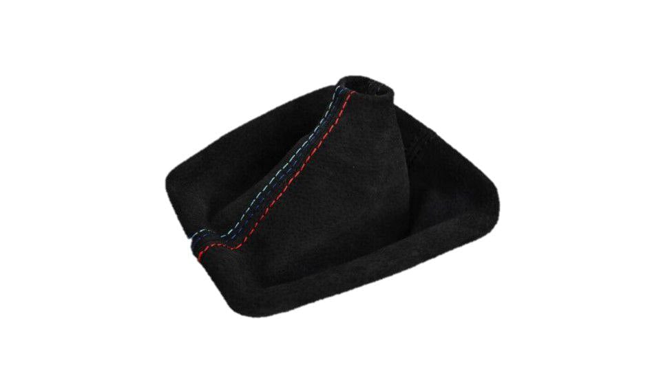 BMW E36 3 Series 1991-2005 genuine suede shift and parking brake boot cover, custom upholstery for manual transmission.