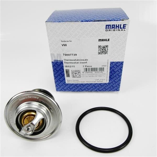 MAHLE TX3482D engine thermostat for Audi 4.2L V8, 2000-2009, showing the metal housing and temperature sensor.