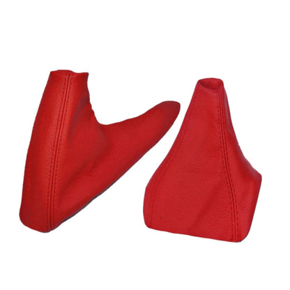 Torch Red leather shift and e-brake boot cover for BMW Z3 and E46 M3, featuring detailed stitching and high-quality craftsmanship.
