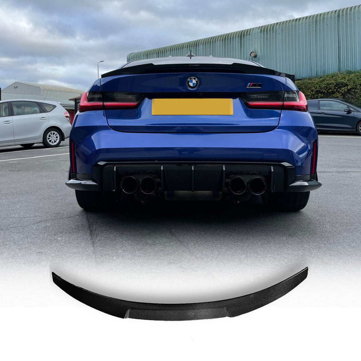 BMW G80 M3 and G20 V Style carbon fiber trunk spoiler, performance car accessory, shown on vehicle with detailed fiber finish.