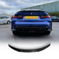 BMW G80 M3 and G20 V Style carbon fiber trunk spoiler, performance car accessory, shown on vehicle with detailed fiber finish.
