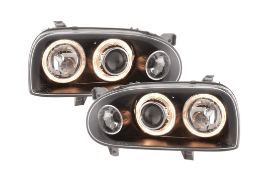 VW Golf 3 type 1HXO, 1 EXO Black Angel Eye Headlights (1991-1997) - AudiGear.com - Headlights