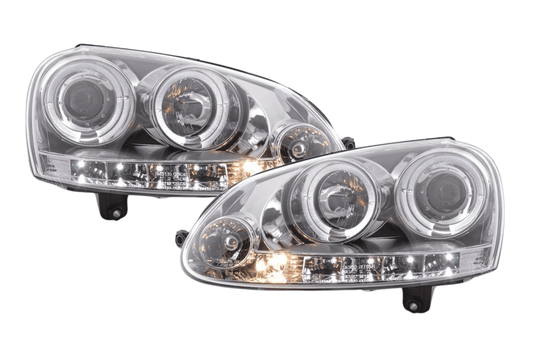 VW Golf 5 (Mk5) Chrome LED Angel Eye Headlights - (2003-2008) - AudiGear.com - Headlights