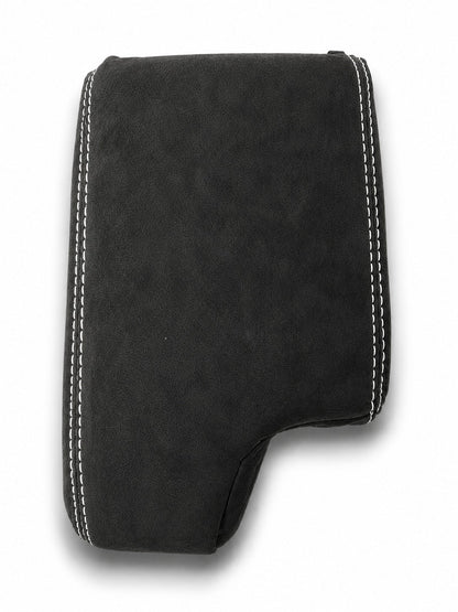 Charcoal black Alcantara BMW E36 E46 3 Series console armrest cover by JTS Custom Upholstery, showing close-up of the textured material.